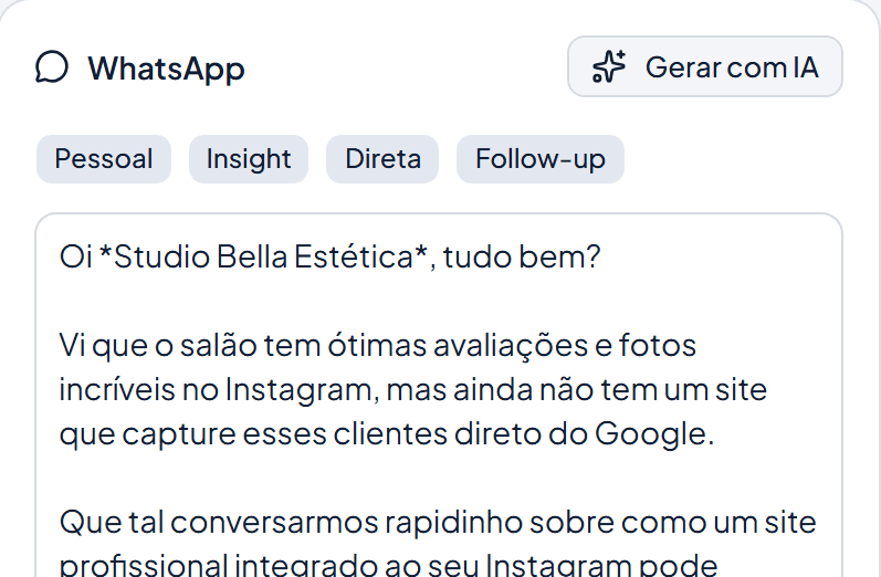 Mensagem de WhatsApp gerada automaticamente pra um lead